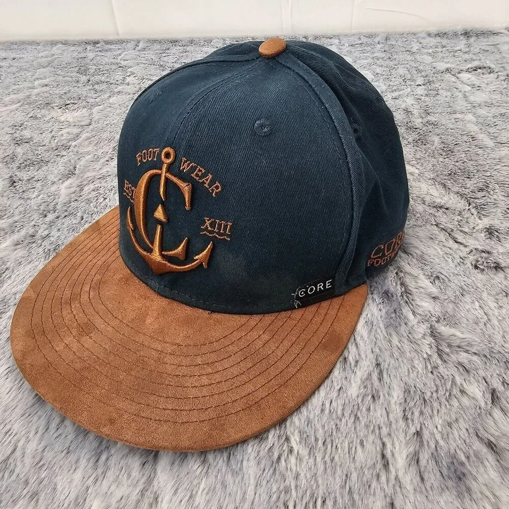 Core Footwear Anchor Snapback Hat Navy Brown Suede Brim Adjustable Cap - Picture 6 of 10